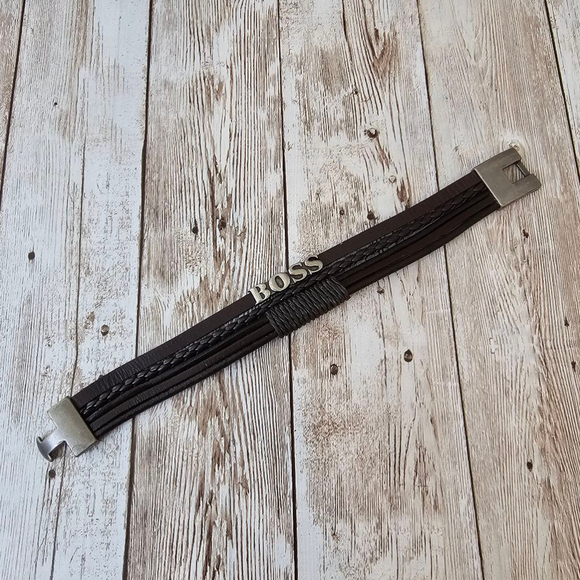 Men's Boss Brown Leather Bracelet - Picture 1 of 3